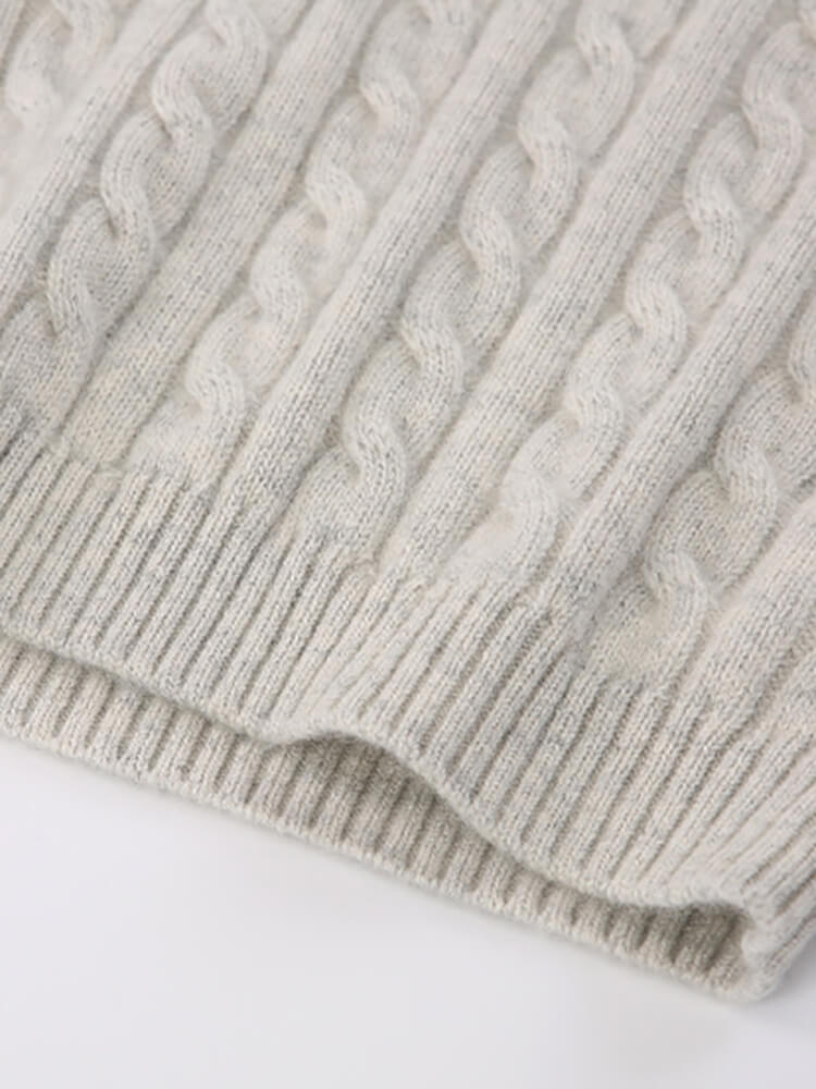 Cable Knit Cashmere Button Collar Sweater with Contrast Sleeves